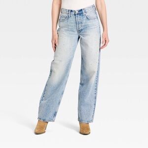 Women's Mid-Rise 90s Baggy Denim Rhinestone Light Blue Jeans